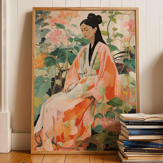 Floral Kimono Woman Wall Art Soft Japaneseinspired Botanical Portrait Poster And Print For Calm Interior