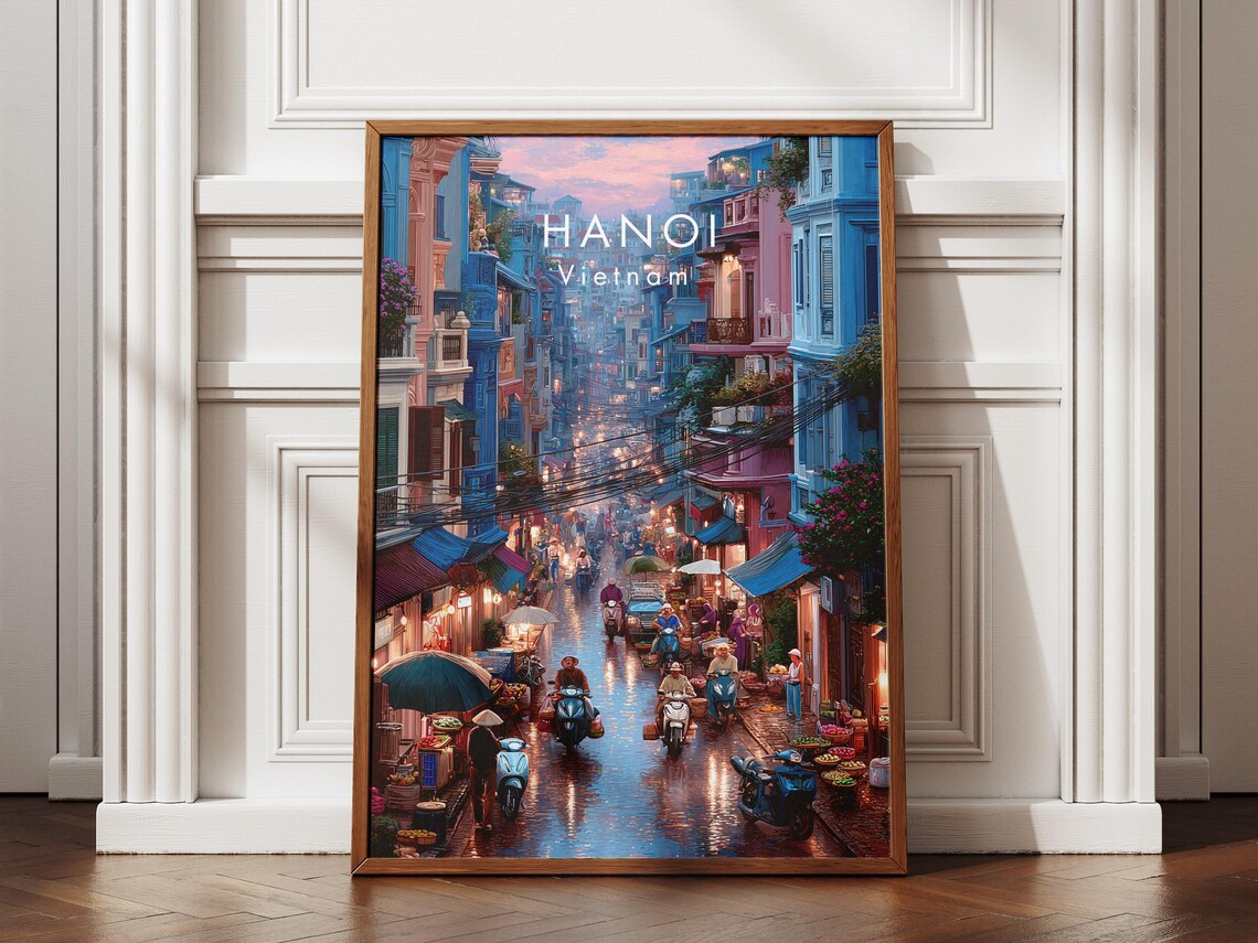 Hanoi Vietnam Old Quarter Street Scooters Rain Night Travel Poster