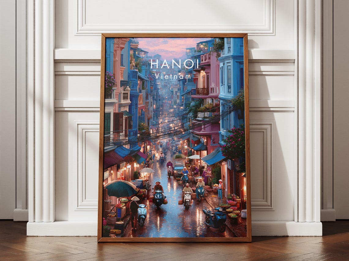 Hanoi Vietnam Travel Poster Old Quarter Wall Art Print Street Market Scene Asian City Decor Vietnamese Artwork Cultural Gift