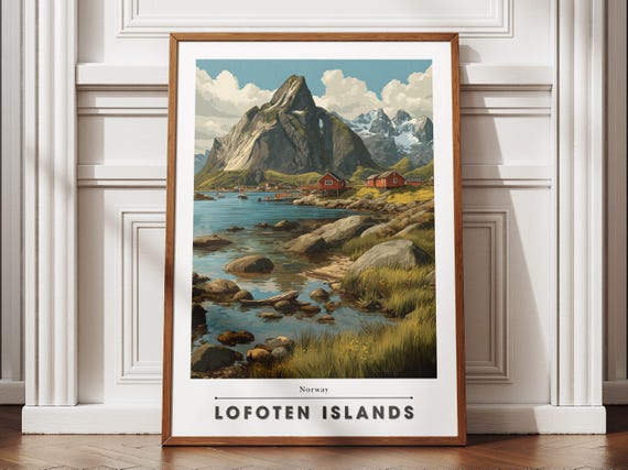 Lofoten Islands Norway Travel Poster Coastal Cliffs Red Fishing Cabins Fjord Waters Modern Vintage Flat Vector Wall Art Print