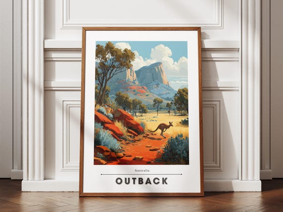Australian Outback Travel Poster Flat Design Red Dirt Plains Eucalyptus Trees Kangaroos Wall Art Print Minimal Landscape Decor
