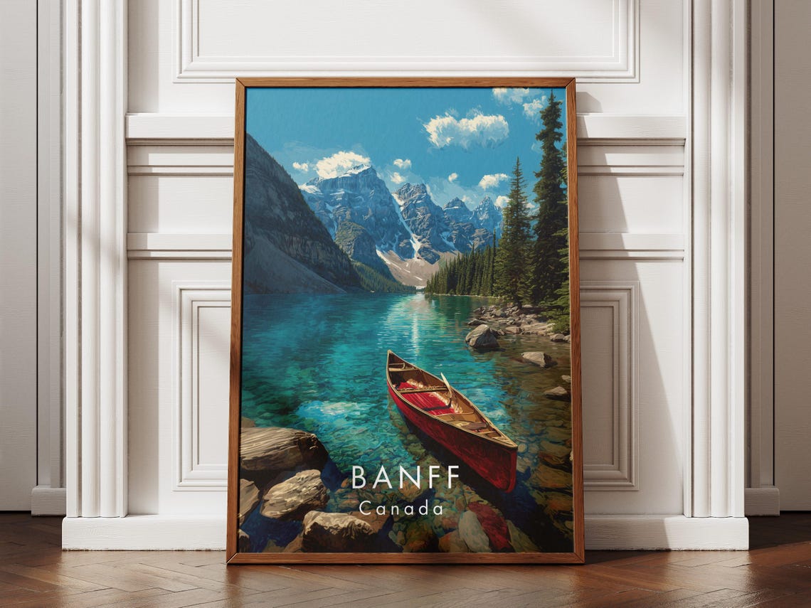 Banff Canada Turquoise Lake Red Canoe Mountain Vista Travel Poster