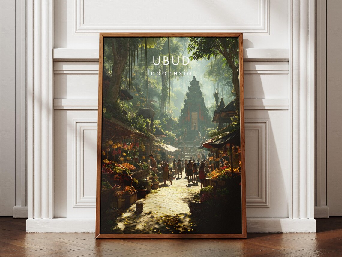 Ubud Indonesia Lush Jungle Temple Market Street Travel Poster