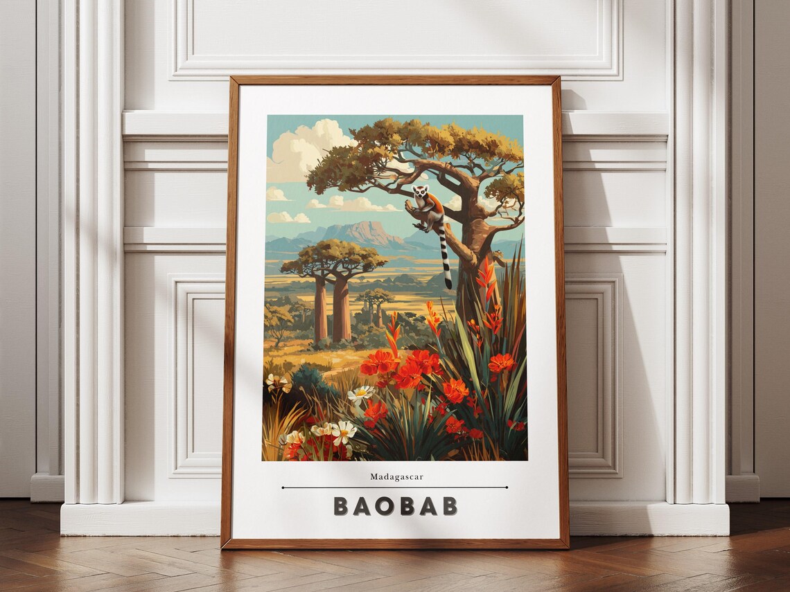Madagascar Baobab Trees Lemur Flowers Retro Travel Poster Art