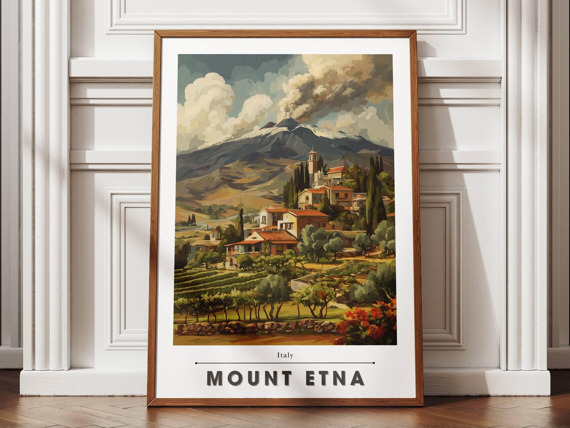 Mount Etna Italy Volcano Village Vineyards Vintage Travel Poster