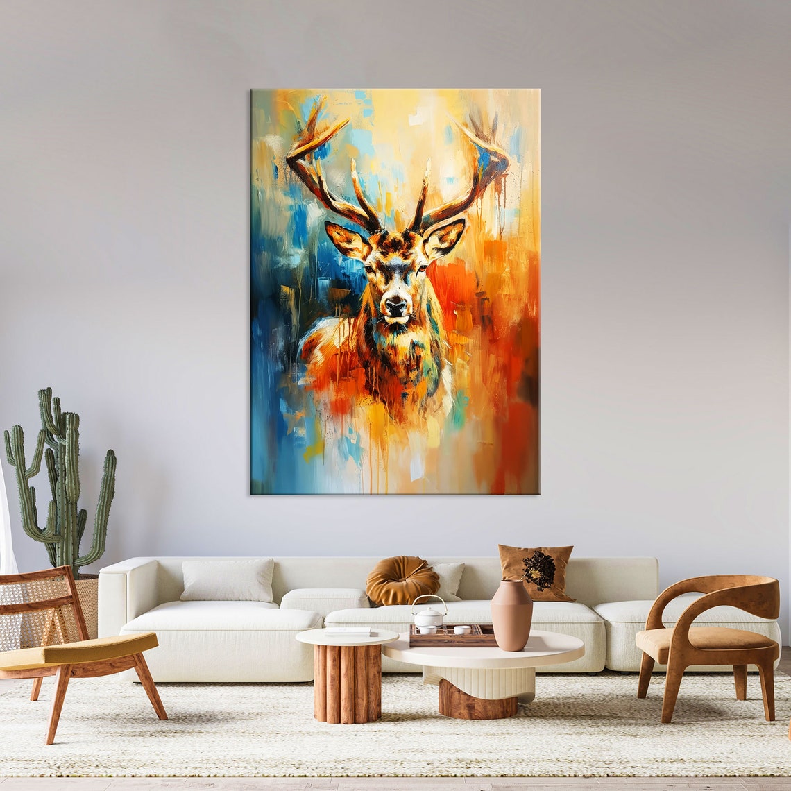 Abstract Golden Stag Portrait Poster in Orange and Blue Brushstrokes - Image 2