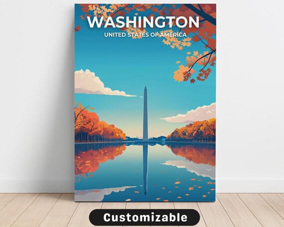 Washington DC Monument Reflecting Pool Autumn Vintage Travel Poster