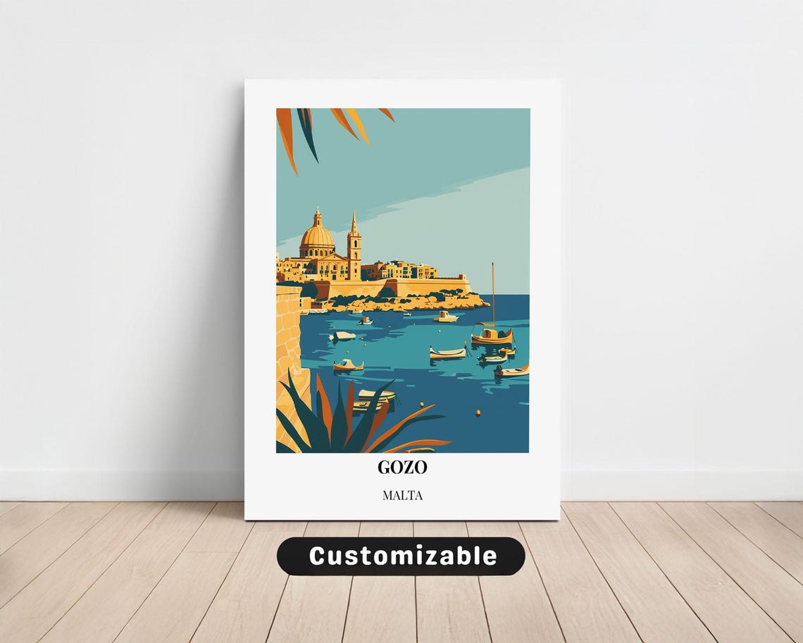 Gozo Malta Harbor Boats Coastline Church Vintage Travel Poster
