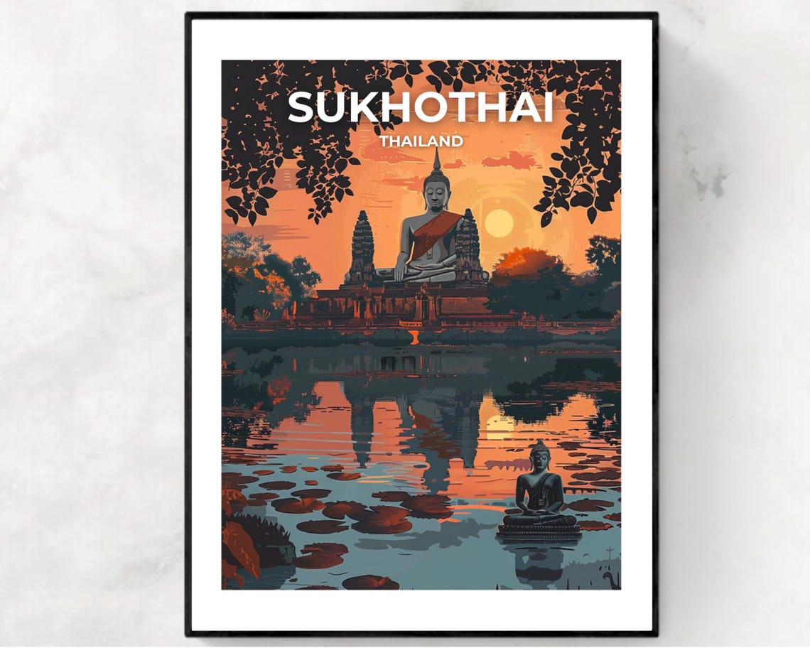 Sukhothai Thailand Sunset Buddha Temple Lotus Pond Travel Poster