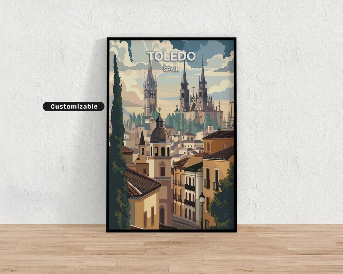 Toledo Spain Historic Old Town Cathedral Illustrated Travel Poster