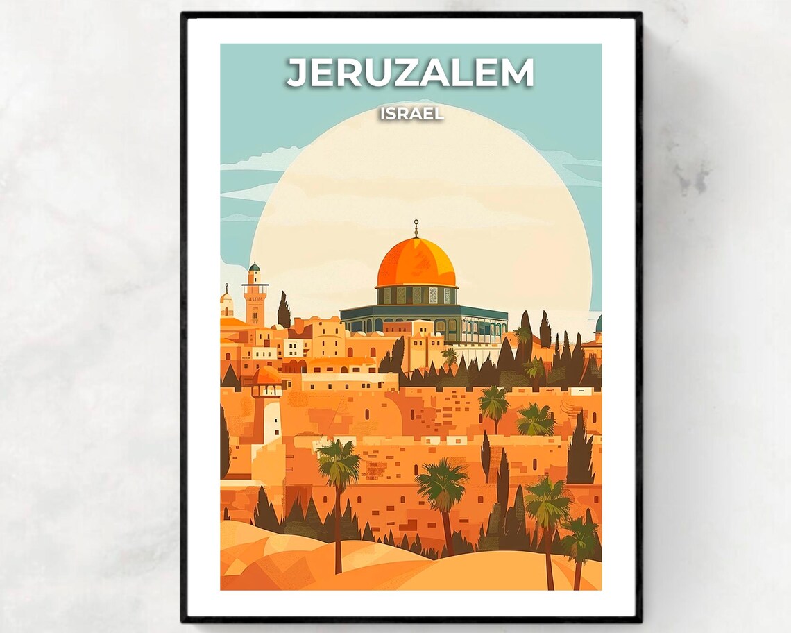 Jerusalem Israel Dome of the Rock Old City Walls Sunset Travel Poster