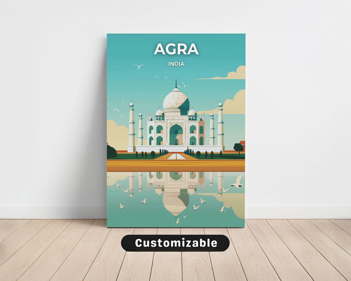 Agra India Taj Mahal Reflection Teal Blue Skies Travel Poster