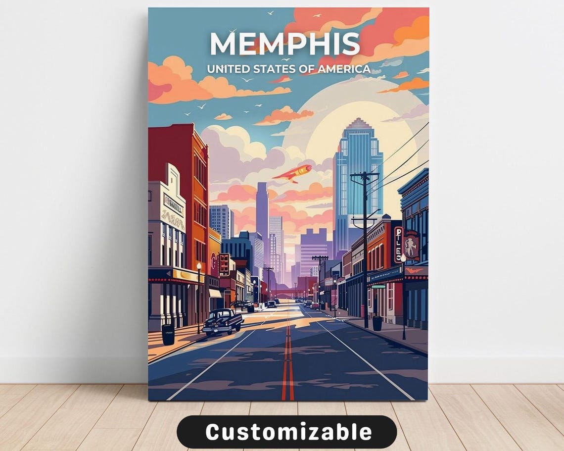Memphis USA Downtown Sunset Street Custom Travel Poster Music City