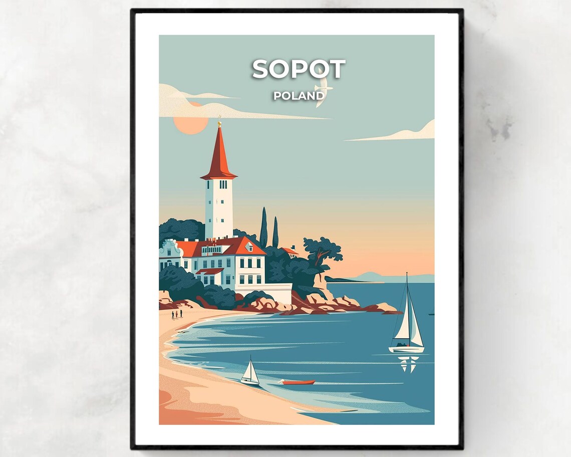 Sopot Poland Beach Lighthouse Sailboats Vintage Travel Poster
