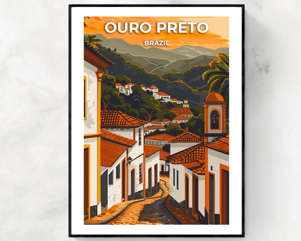 Ouro Preto Brazil Sunset Colonial Rooftops Illustrated Travel Poster