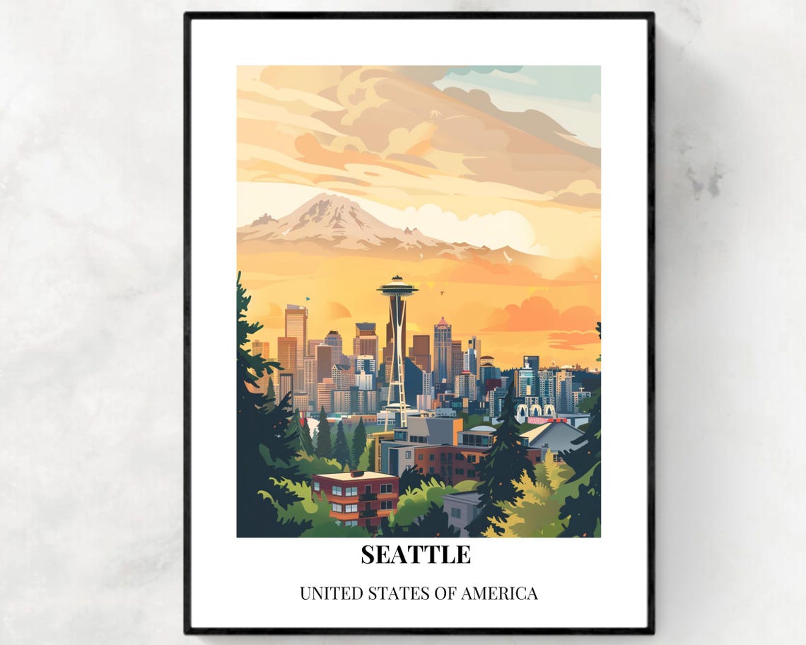 Seattle Space Needle Sunset Skyline Below Caption Travel Poster