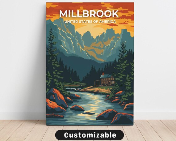 Millbrook Mountain River Sunset Cabin Retro Travel Canvas Poster