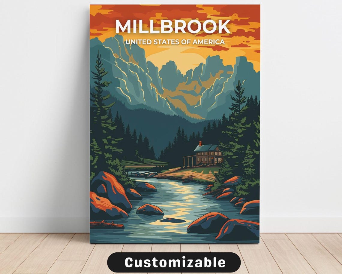 Millbrook Mountain River Sunset Cabin Retro Travel Canvas Poster