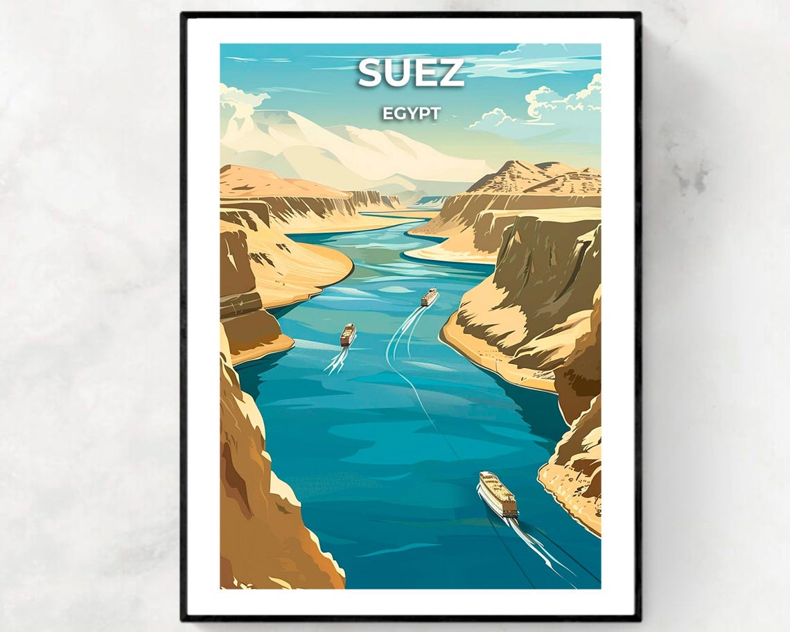 Suez Egypt Desert Canal Ships Vintage Travel Poster Sunny Scene