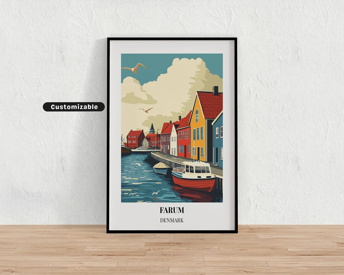 Farum Denmark Harbor Boats Retro Waterfront Town Travel Poster