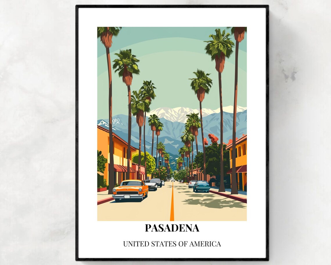 Pasadena California Classic Car Street Palm Trees Vintage Wall Art