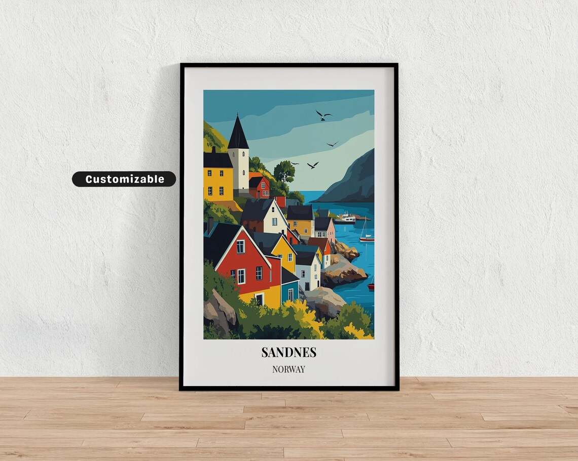 Sandnes Norway Colorful Coastal Town Fjord Modern Travel Poster