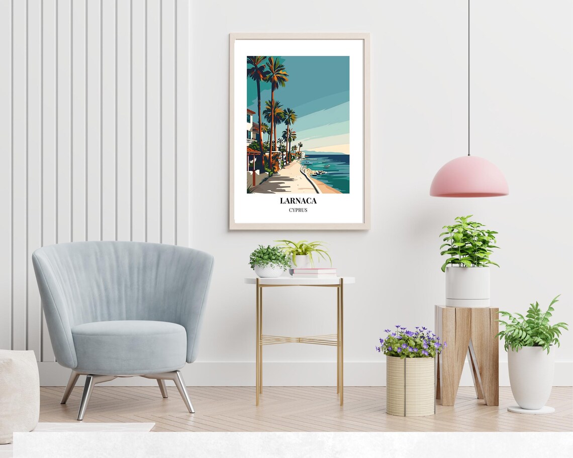Sunny Larnaca Cyprus Palm-Lined Seaside Promenade Travel Poster - Image 2