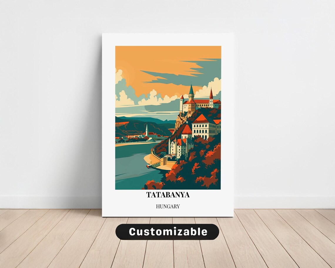 Tatabanya Hungary Travel Poster Riverside Castle Retro Sunset Art