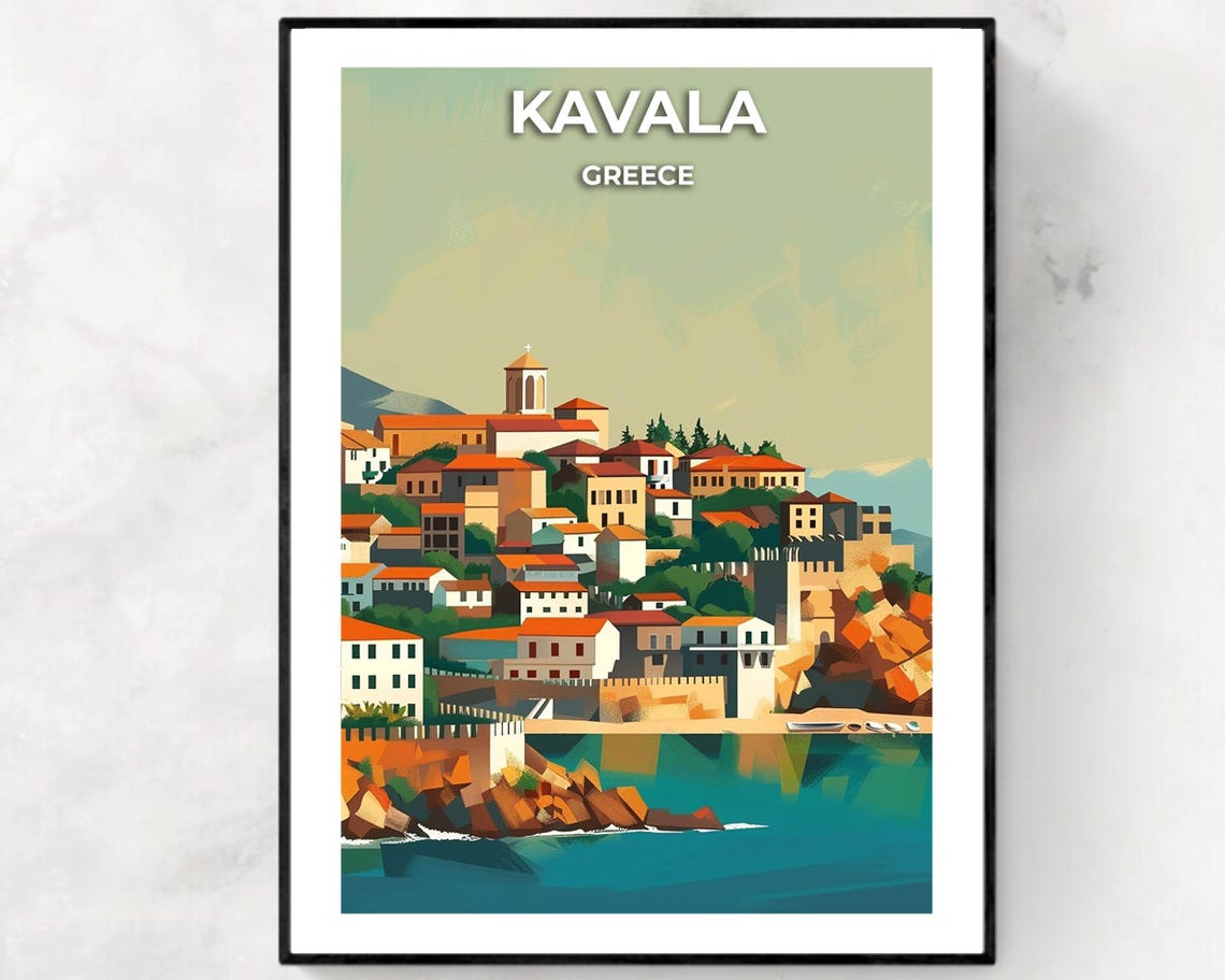 Kavala Greece Seaside Old Town Waterfront Vintage Travel Poster