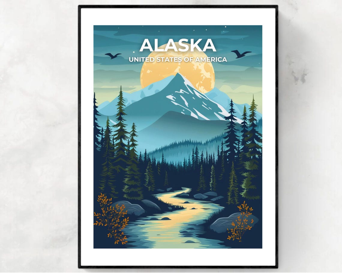 Alaska Moonlit Mountain River Wilderness Poster with Top Title