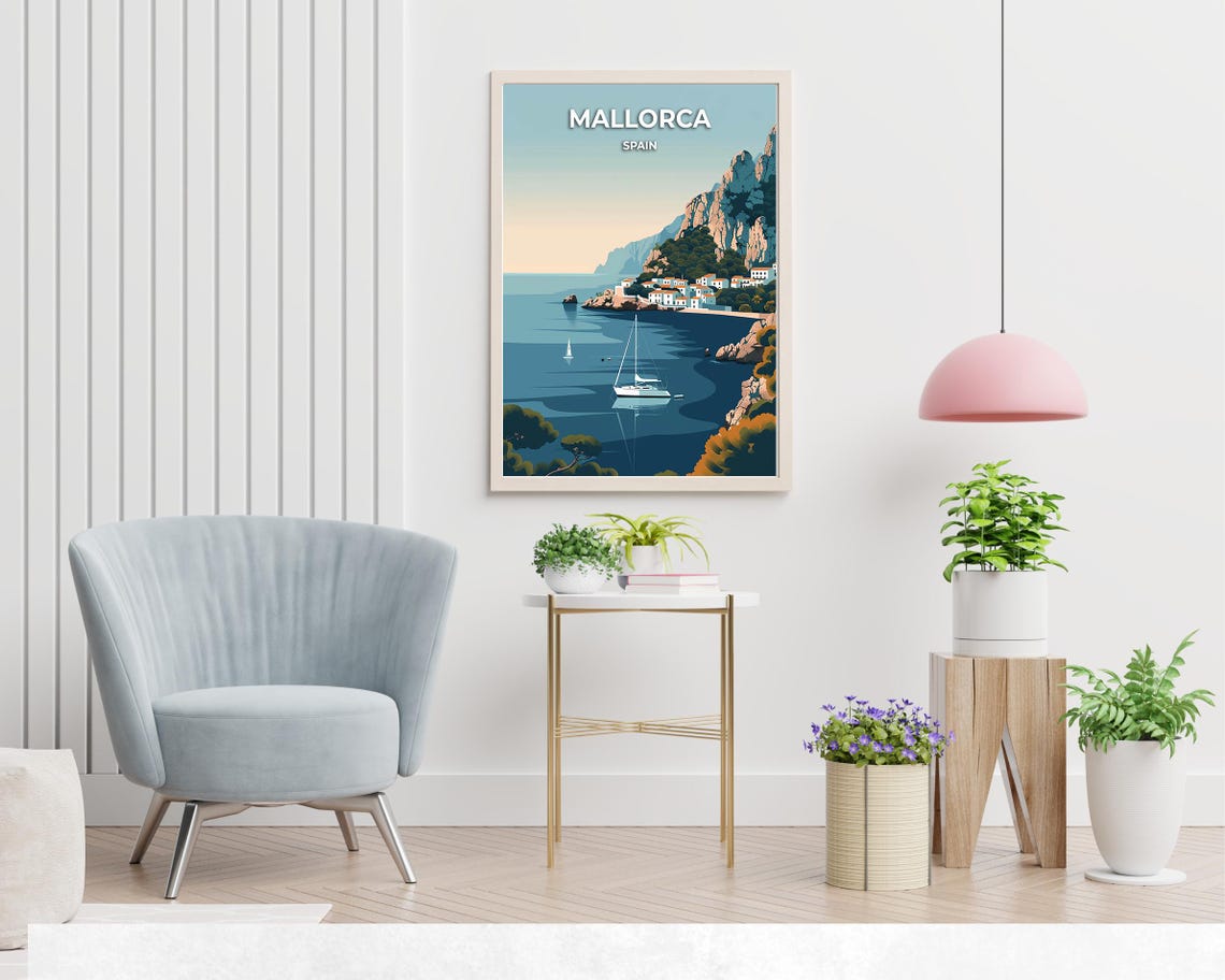 Mallorca Spain Sailboat Cove Cliffside Scene Serene Travel Poster - Image 2