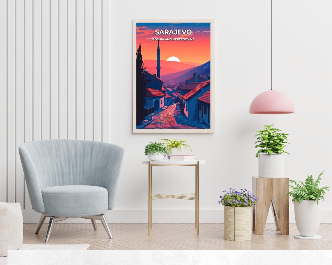 Sarajevo Bosnia Sunset Minaret Old Town Vintage Travel Poster - Image 2