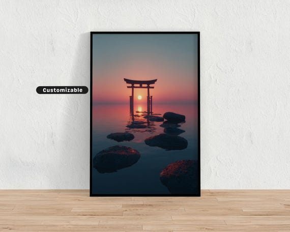 Torii Gate Standing Alone In Lake At Sunrise Japanese Wall Art Print Zen Asian Decor