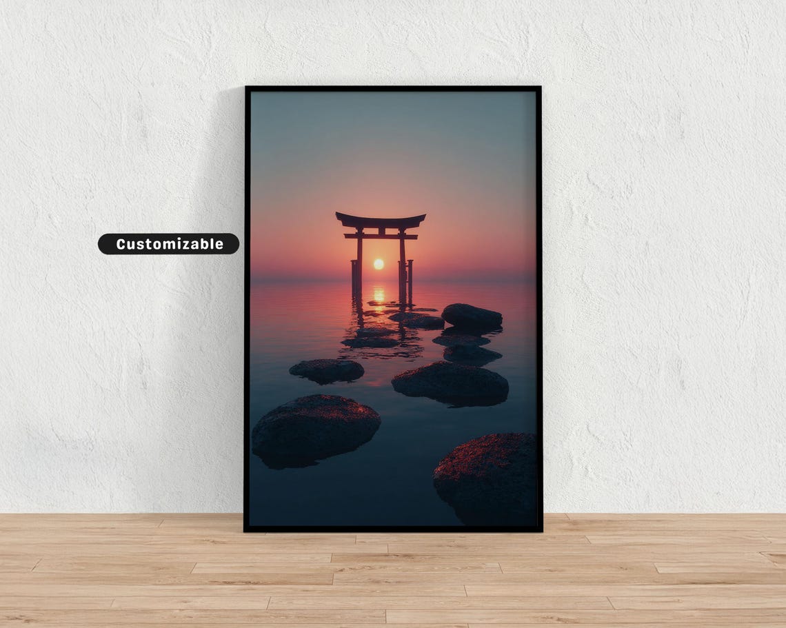 Torii Gate Standing in Lake at Sunset Serene Japan Art Poster