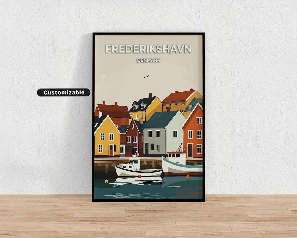 Frederikshavn Denmark Colorful Harbor Town Fishing Boats Travel Poster