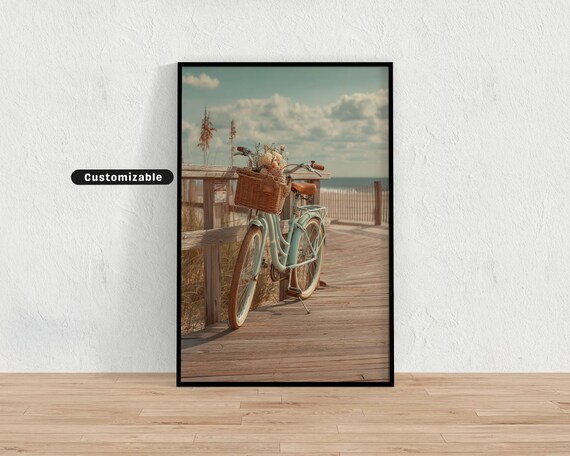 Vintage Mint Bicycle With Flower Basket Beach Boardwalk Wall Art