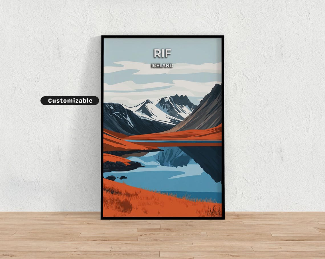 Rif Iceland Snowy Peaks Red Meadow Mirror Lake Travel Poster