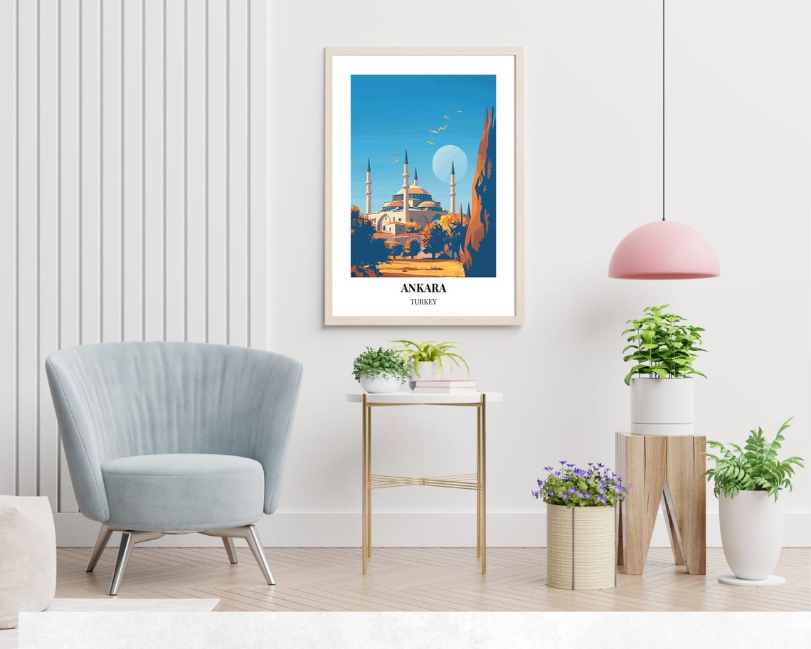 Ankara Turkey Mosque Under Blue Sky with Flying Birds Poster - Image 2