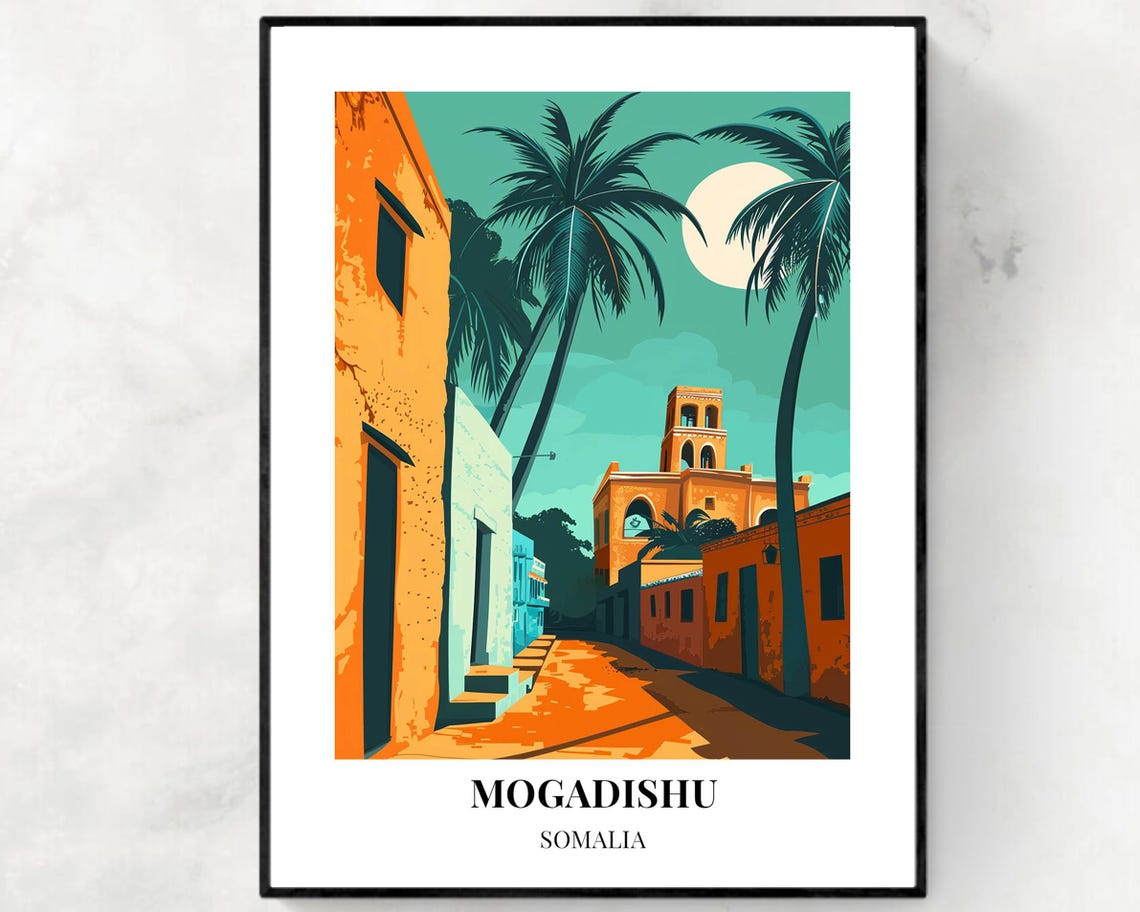 Mogadishu Somalia Moonlit Old Town Street Night Scene Travel Poster
