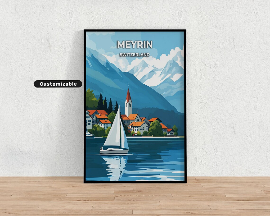 Meyrin Switzerland Sailboat on the Lake Village Vintage Travel Poster