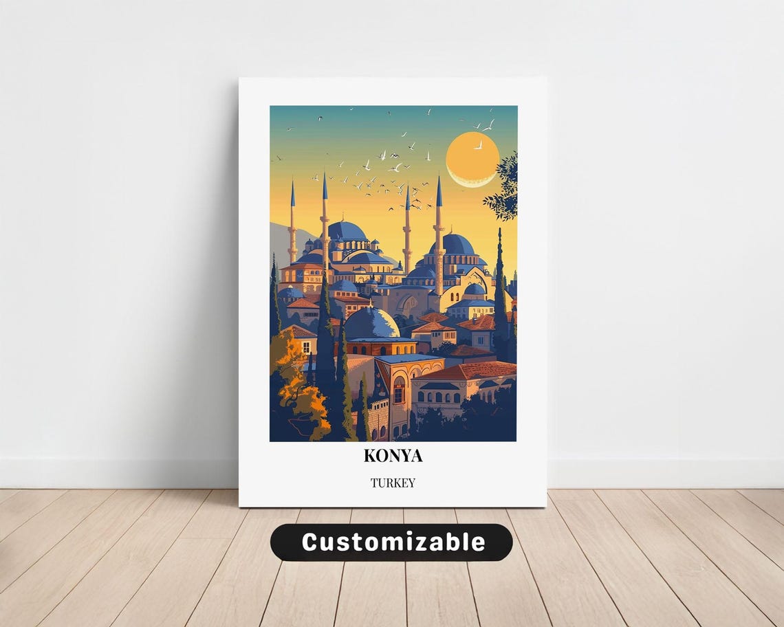 Konya Turkey Ottoman Mosque Minarets Sunset Skyline Travel Poster