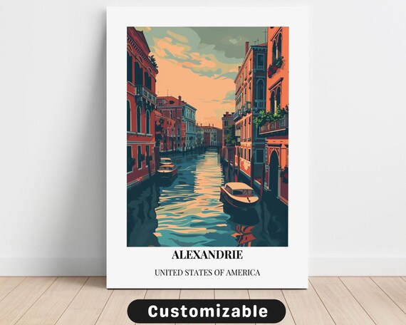 Alexandrie USA Vintage Travel Poster Canal Boats Sunset Scene
