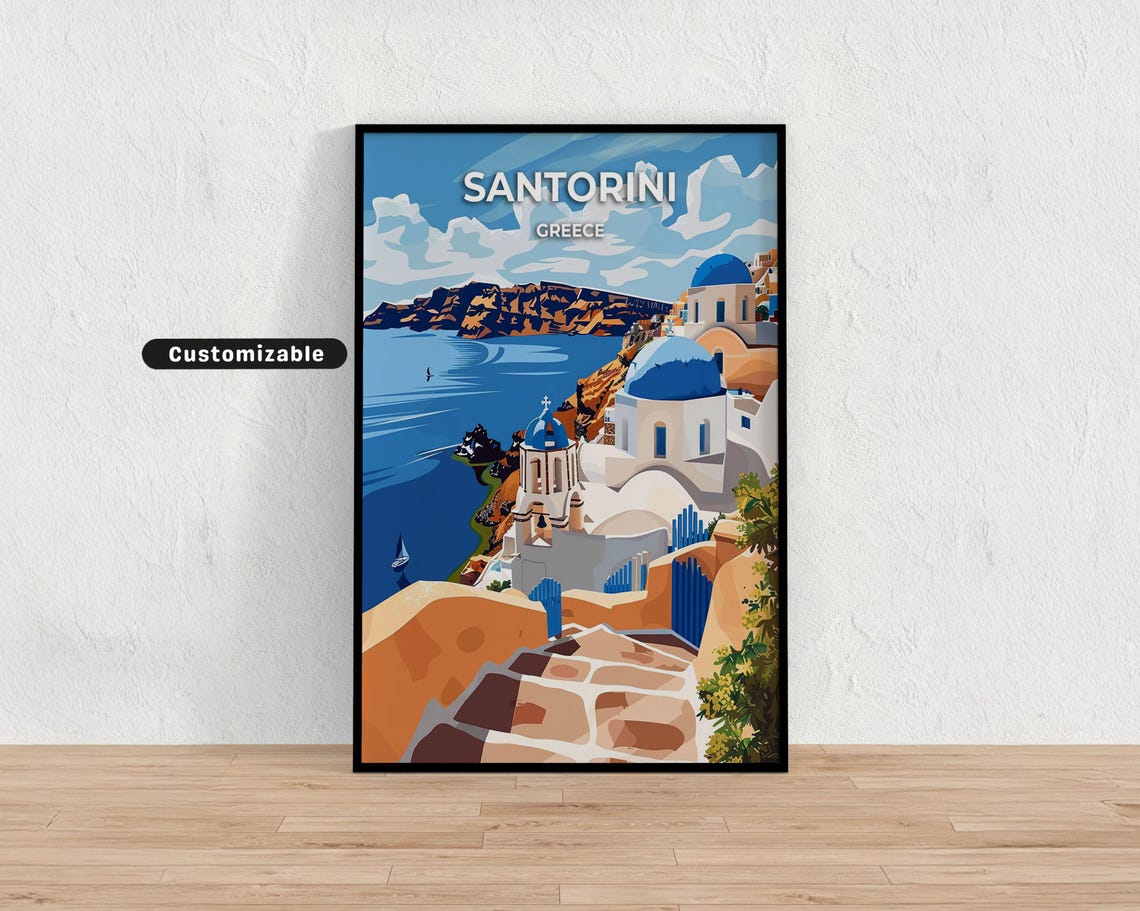 Santorini Greece Blue Domes Caldera View Vintage Travel Poster