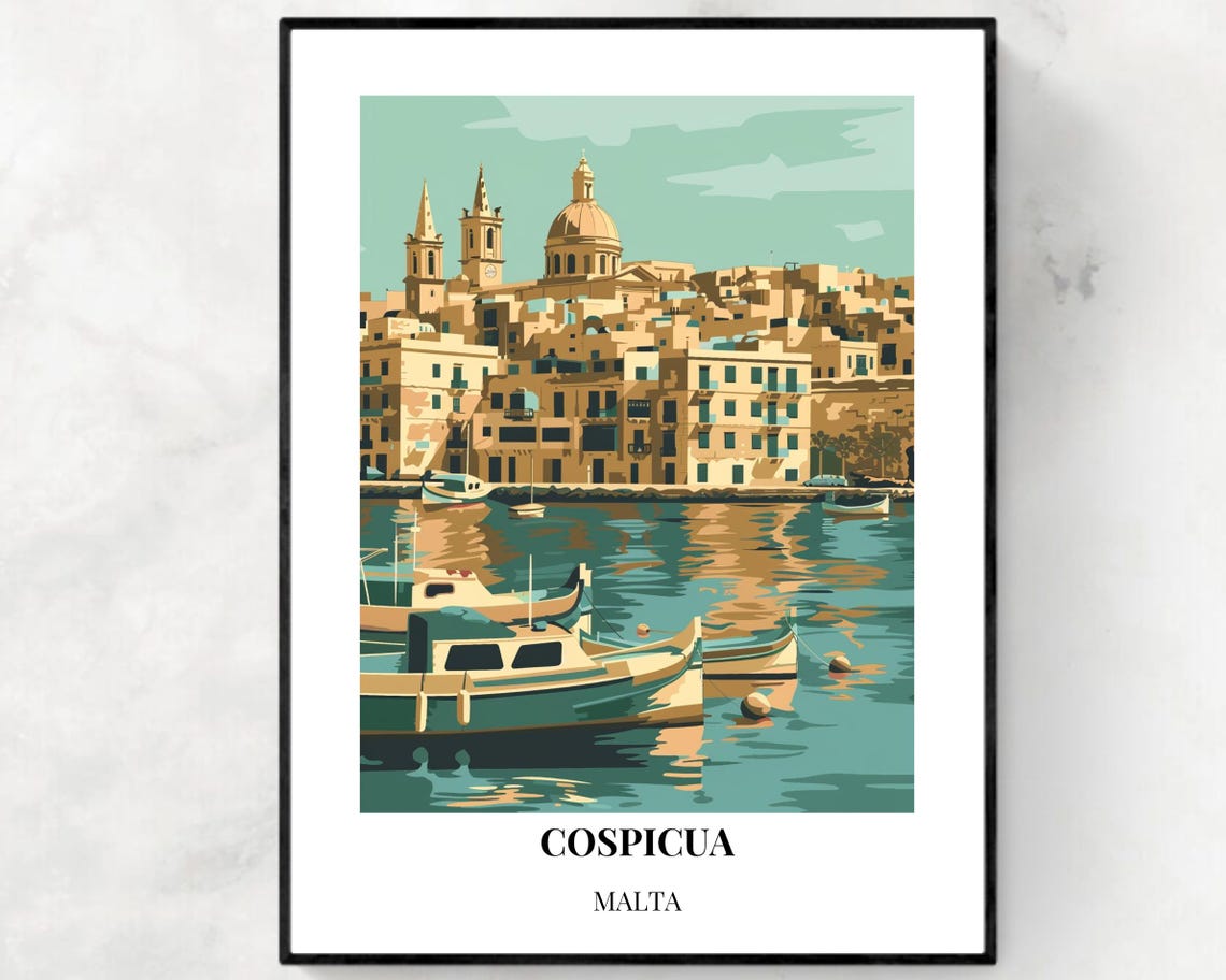 Cospicua Malta Grand Harbour Fishing Boats Waterfront Travel Poster