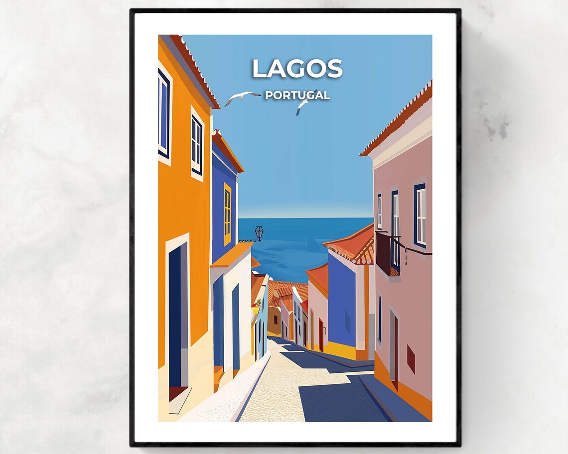 Lagos Portugal Colorful Old Street Ocean View Coastal Travel Poster