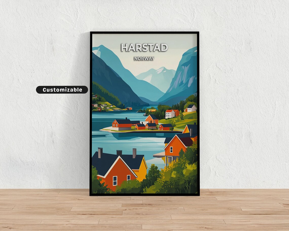 Harstad Norway Fjord Village Red Houses Scenic Travel Poster