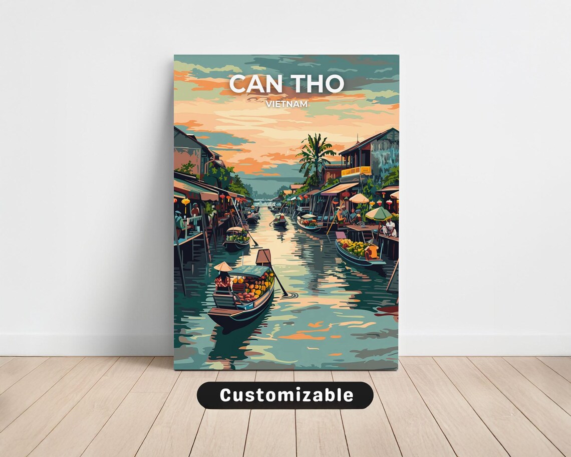 Can Tho Vietnam Floating Market Sunset Boats Colorful Travel Poster