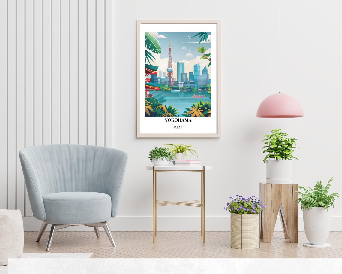 Tropical Yokohama Japan Red Tower Pagoda Harbor Bay Travel Poster - Image 2