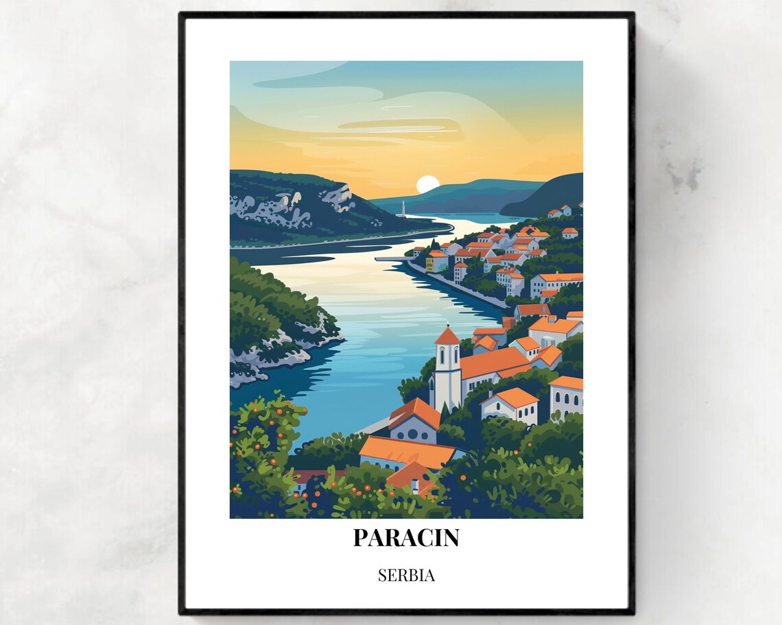 Paracin Serbia Danube Riverside Town Sunset Vintage Travel Poster