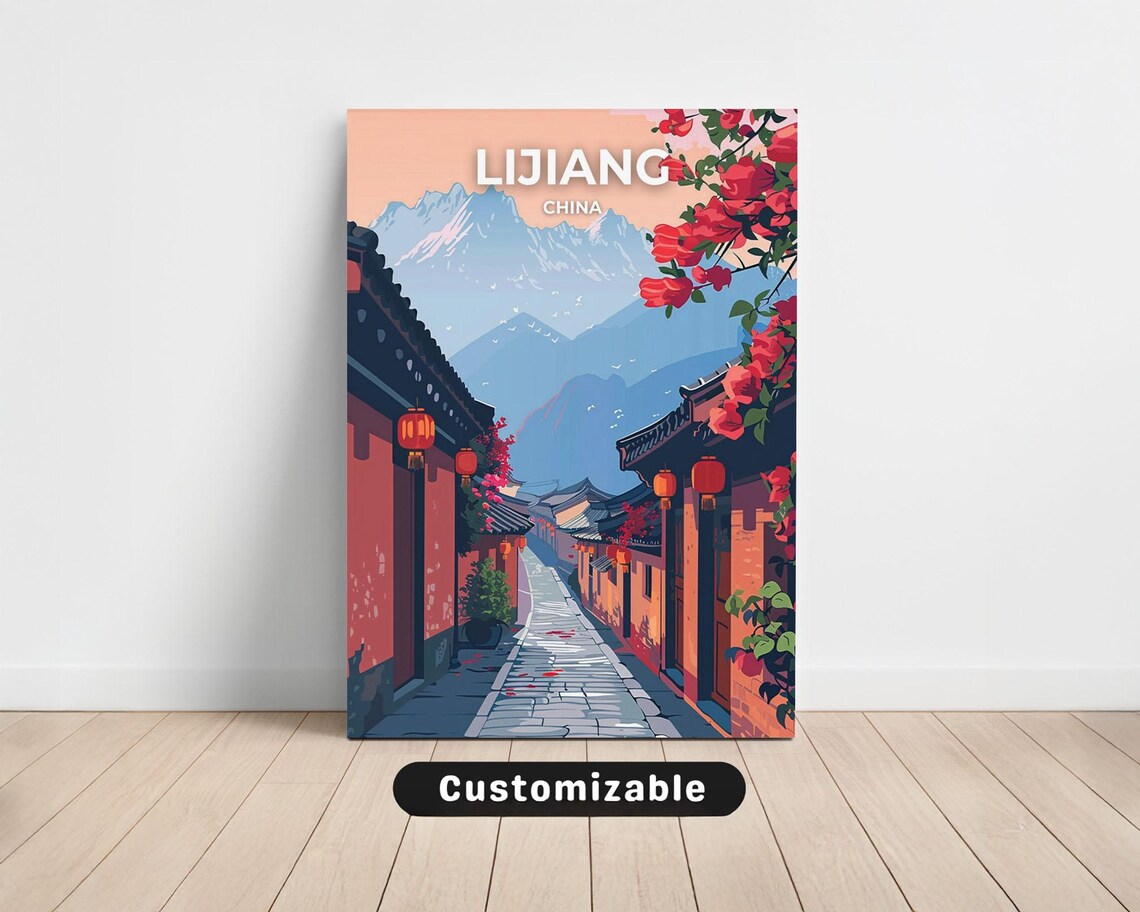 Lijiang China Old Town Alley Red Lanterns Mountain Travel Poster